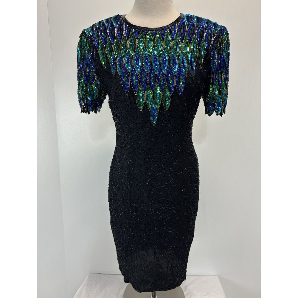 Vintage Stenay Silk Beaded Party Dress Women 8 Mother Bride Groom Black Sequin
